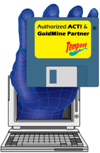 Laptop Hand shows Tempest as an Authorized ACT! and GoldMine CRM Partner.
